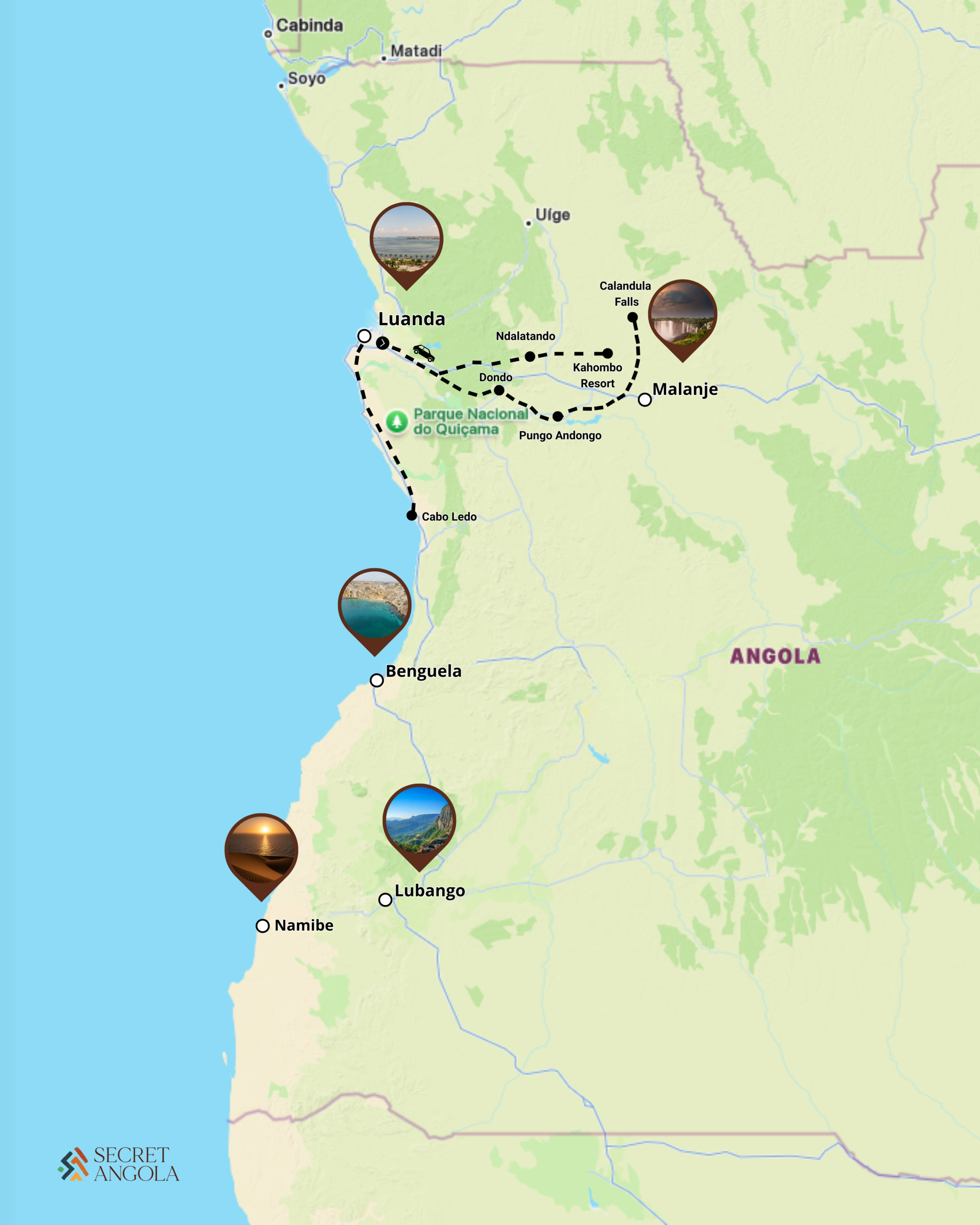 Tour map route: Luanda - Malange - Cabo Ledo